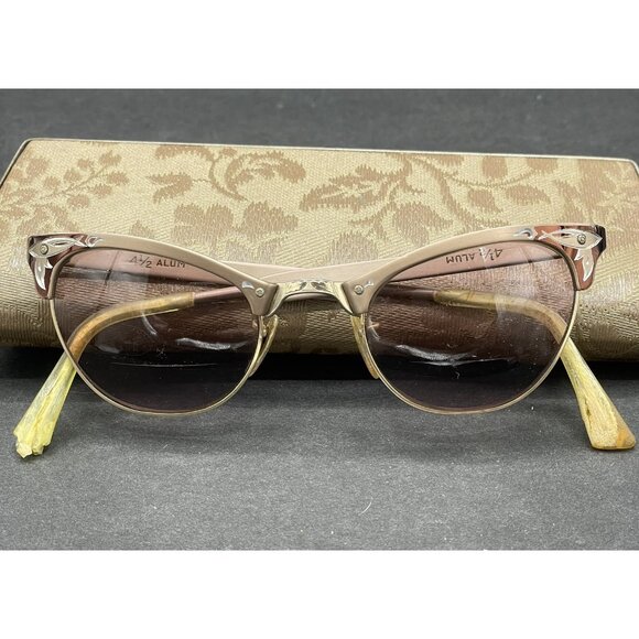 VTG Cat Eye Glasses Mid Century Gold Tone Ornate 1/10 12K GF 44 Alum With Case - Picture 1 of 16